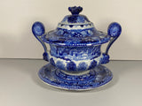 Staffordshire Blue Transfer Gravy Tureen and Tray English View Adams