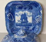 Historical Staffordshire Blue Covered Vegetable Dish Shipping Series Ships Shells