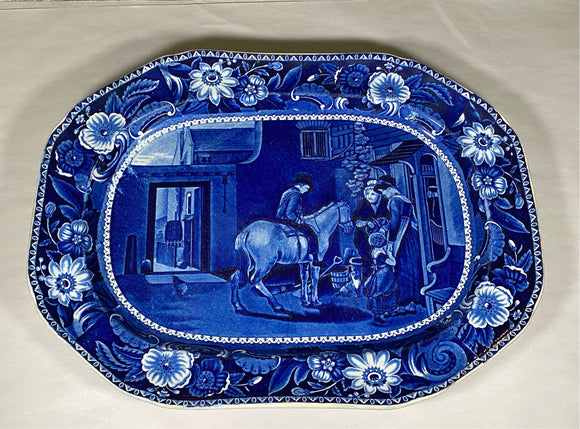 Historical Staffordshire Blue Platter Wilkie Series  Errand Boy