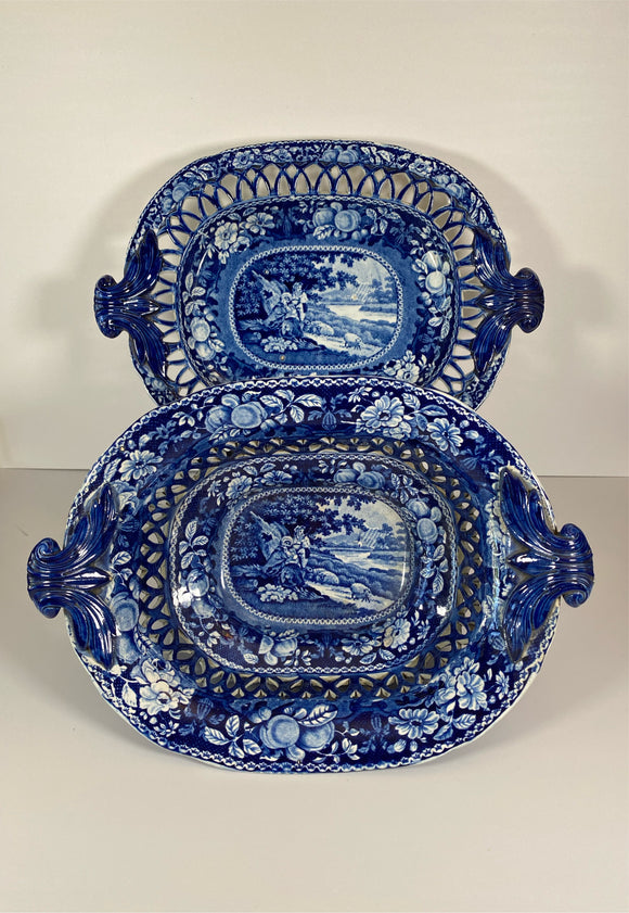 Staffordshire Blue Transfer Reticulated Basket and Tray Sheltered Pheasants A