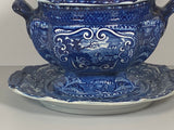 Staffordshire Blue Transfer Gravy Tureen Quadruped With Dog CB