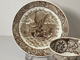 Historical Staffordshire Brown Transfer Cup and Saucer Eagle Shield on Shell