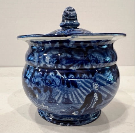 Historical Staffordshire Blue Sugar Bowl Washington With Scroll In Hand CAB
