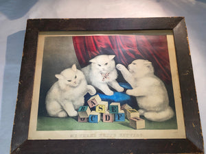 Original Currier & Ives Print My Three White Kitties Learning ABCs Cat