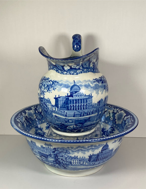 Historical Staffordshire Blue Boston State House Bowl and Pitcher Set