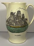 Staffordshire Creamware Liverpool Pitcher Polychrome U.S. Ship Nabby Washington Memorial with Chain of States