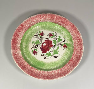 Rainbow Spatterware Red and Green Concentric Ring 9 1/8” Plate Rose Variant