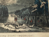 Original Currier & Ives Print Skating Scene Moonlight New Best 50 Small Folio