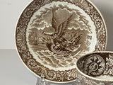 Historical Staffordshire Brown Transfer Cup and Saucer Eagle Shield on Shell