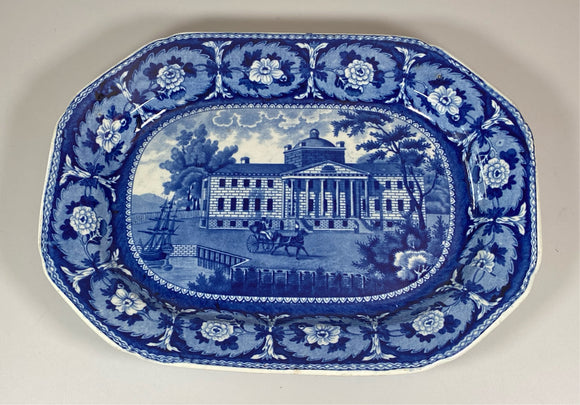 Historical Staffordshire Blue Platter Hospital Boston By Ridgway