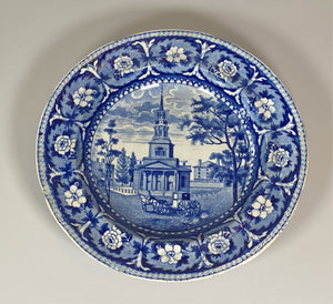 Historical Staffordshire Blue Soup Plate Octagon Church Boston