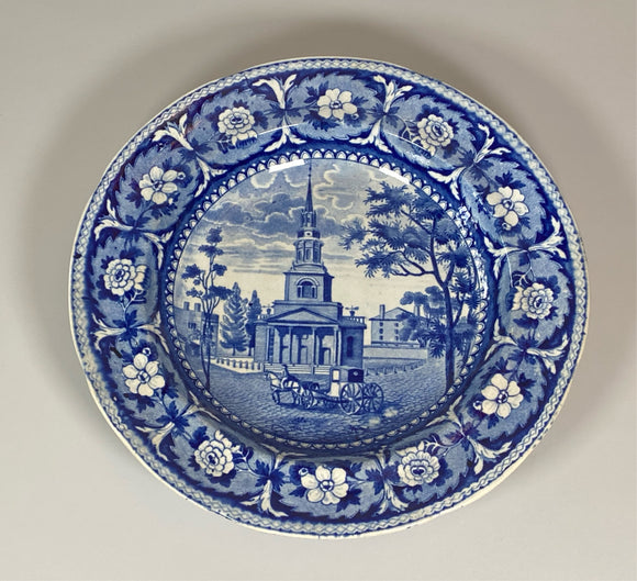Historical Staffordshire Blue Soup Plate Octagon Church Boston