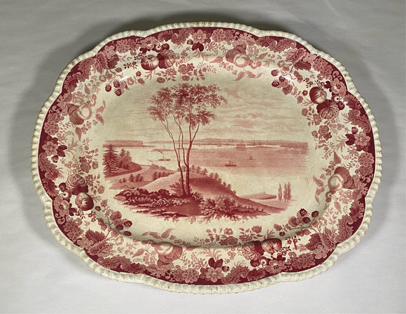 Historical Staffordshire Pink Transfer Platter Bay Of New York From Staten Island