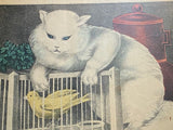 Original Currier & Ives Type Print Hunting Cat Kitty Canary