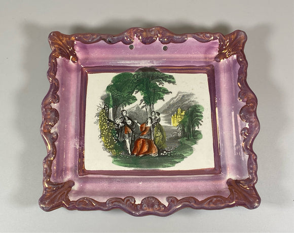 Staffordshire Sunderland Lusterware Wall Plaque Polychrome Transfer Man Under Tree with Women