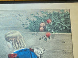 Original Currier & Ives Print Frolicsome Pets Cats And Little Girl Florals