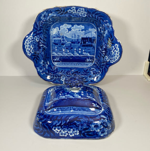 Historical Staffordshire Blue Covered Vegetable Dish Landing of Lafayette