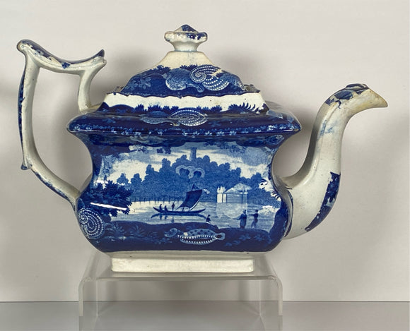 Historical Staffordshire Dark Blue Teapot Wadsworth Tower Connecticut