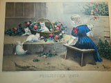 Original Currier & Ives Print Frolicsome Pets Cats And Little Girl Florals