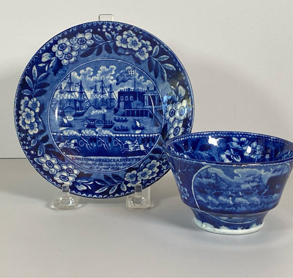 Historical Staffordshire Blue Landing Of Lafayette Cup and Saucer