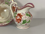 Staffordshire Childs Toy Miniature Bowl and Pitcher Set Floral and Pink Luster