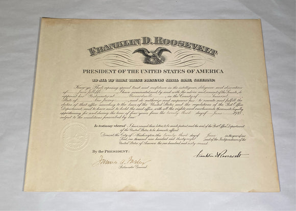 Franklin D. Roosevelt President Signed Appointed Postmaster Document