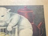 Original Currier & Ives Type Print Hunting Cat Kitty Canary