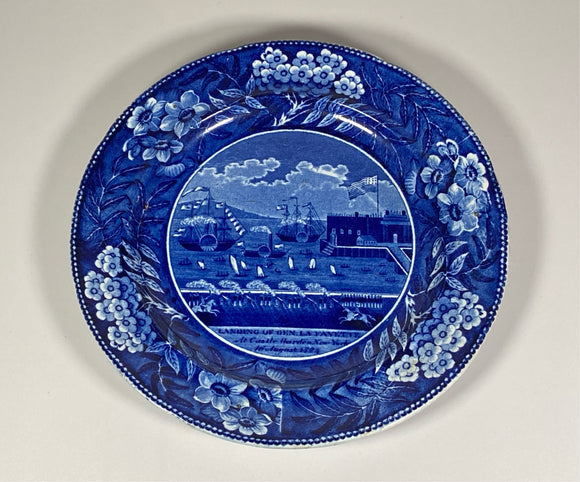 Historical Staffordshire Blue Plate Landing of Lafayette At Castle Gardens New York 9”