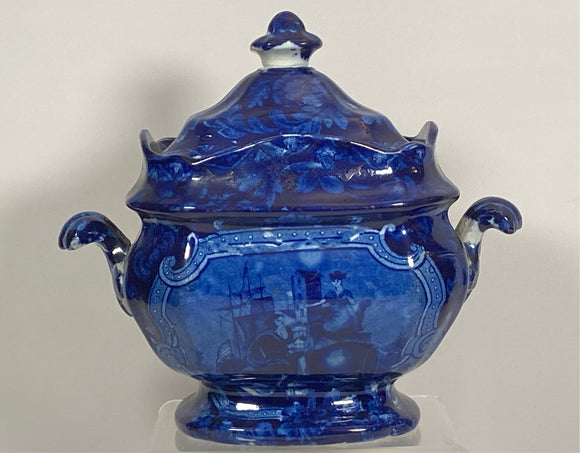 Historical Staffordshire Dark Blue Sugar Bowl In Harp Pattern