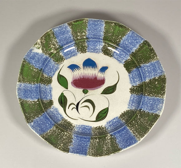 Staffordshire Rainbow Spatterware Dark Green and Blue Tulip Plate