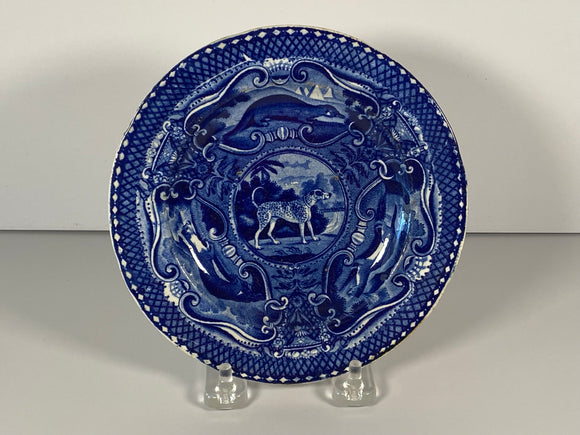 Blue Staffordshire Transfer Quadruped Plate with Spotted Dog 6 1/8”