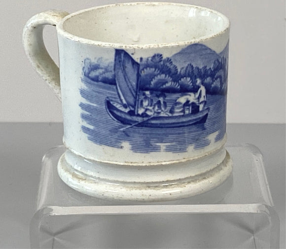 Staffordshire Pearlware Blue Transfer Children’s Mug Men On A Boat BB#113