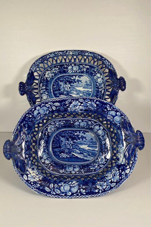 Staffordshire Blue Transfer Reticulated Basket and Tray Sheltered Pheasants B