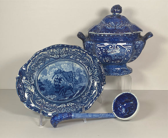 Staffordshire Blue Transfer Gravy Tureen Quadruped With Dog CB