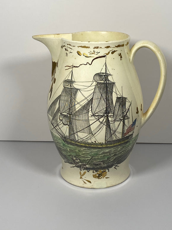 Staffordshire Creamware Liverpool Pitcher Polychrome U.S. Ship Washington Poem