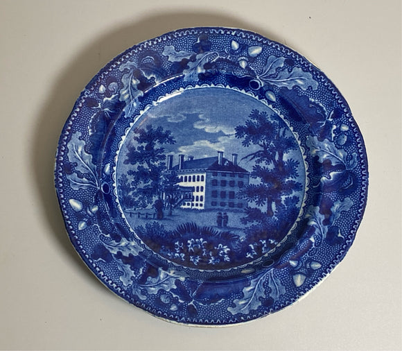 Historical Staffordshire Blue Plate Harvard College End View Scarce
