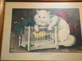 Original Currier & Ives Type Print Hunting Cat Kitty Canary