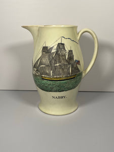 Staffordshire Creamware Liverpool Pitcher Polychrome U.S. Ship Nabby Washington Memorial with Chain of States