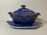 Staffordshire Dark Blue Gravy Tureen and Tray Wilkie Pattern