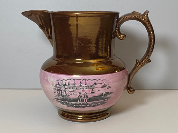 Historical Staffordshire Copper Luster Pitcher With New York Transfer RC