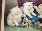 Original Currier & Ives Print My Three White Kitties Learning ABCs Cat