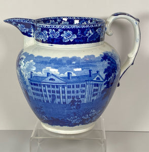 Historical Staffordshire Blue Hartford Deaf and Dumb Asylum and New York Alms House Pitcher