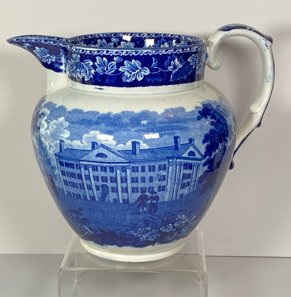 Historical Staffordshire Blue Hartford Deaf and Dumb Asylum and New York Alms House Pitcher