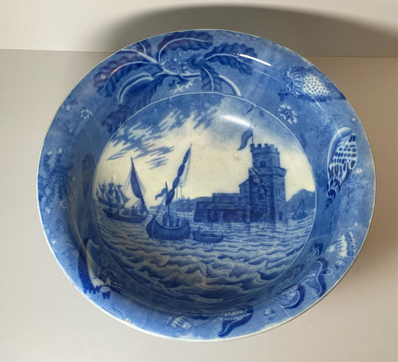 Historical Staffordshire Blue Shipping Series Wash Bowl Ships Shells