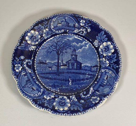 Historical Staffordshire Blue Plate Winter View of Pittsfield Massachusetts