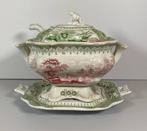 Staffordshire 2 Color Transfer Gravy Tureen Tray and Ladle Canova Pattern