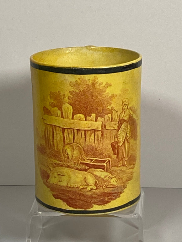 Staffordshire Canary Mug With Farmyard Rust Color Transfer Pigs