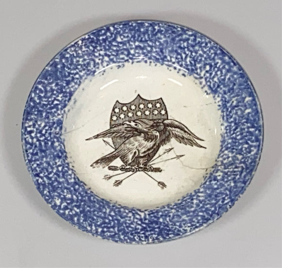 Staffordshire Spatterware Blue Spatter Eagle Shield Transfer Cup Plate RC