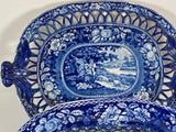 Staffordshire Blue Transfer Reticulated Basket and Tray Sheltered Pheasants B